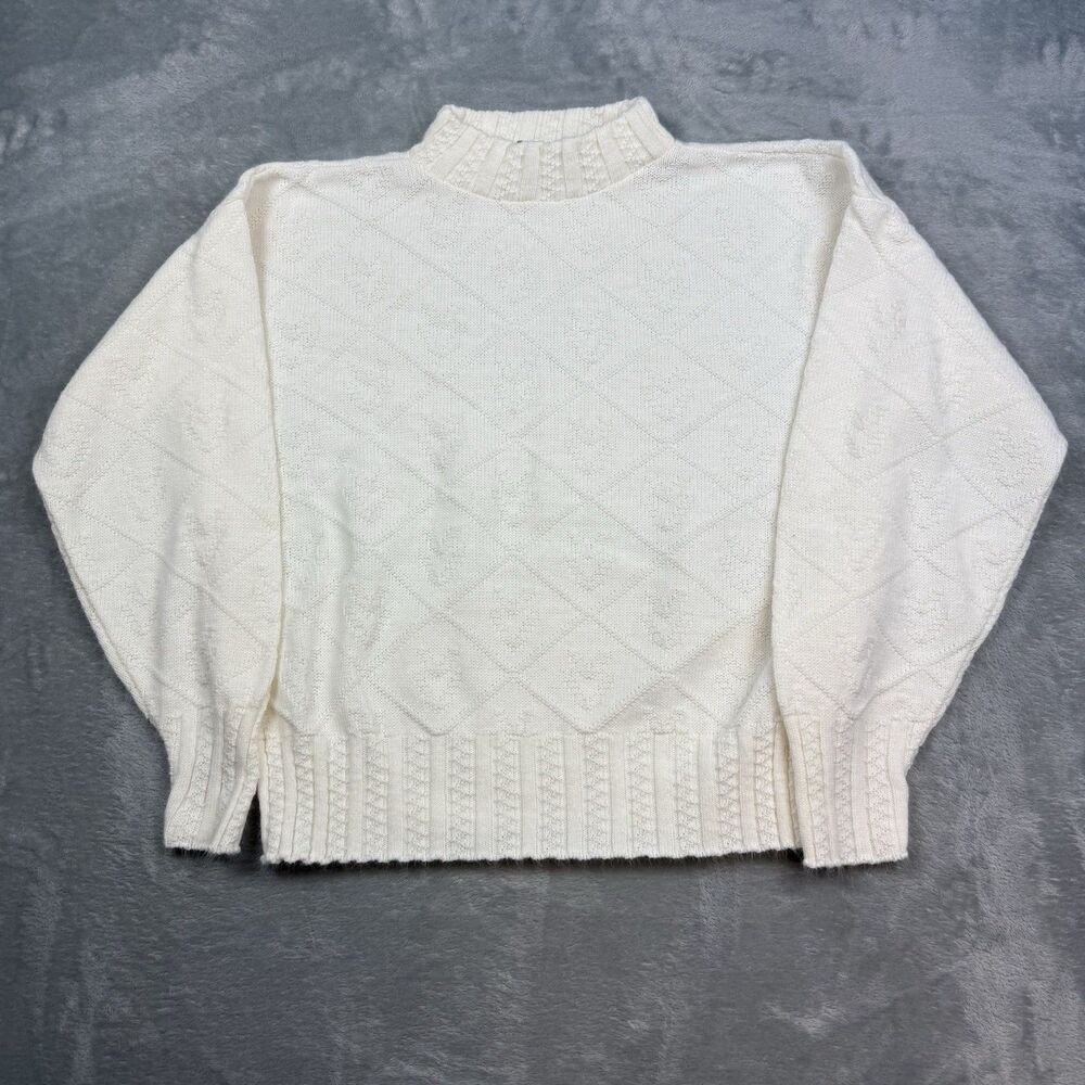 Vintage Private Eyes Cream Cable Knit Mock Neck Sweater Womens Medium USA Made